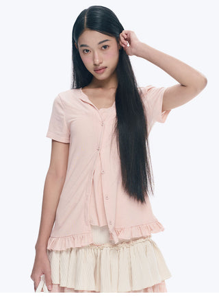 [NECY] Heart Lock Embroidered Short Sleeve Lace Hem T-Shirt