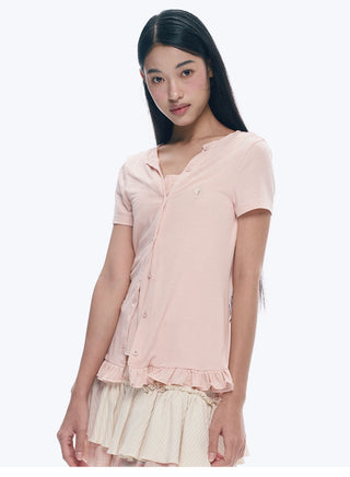 [NECY] Heart Lock Embroidered Short Sleeve Lace Hem T-Shirt