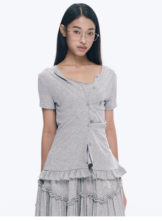 [NECY] Heart Lock Embroidered Short Sleeve Lace Hem T-Shirt