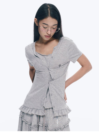 [NECY] Heart Lock Embroidered Short Sleeve Lace Hem T-Shirt