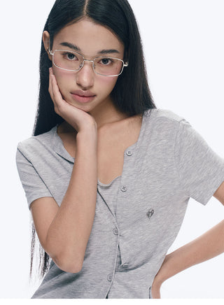 [NECY] Heart Lock Embroidered Short Sleeve Lace Hem T-Shirt