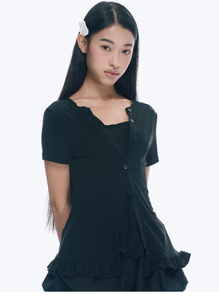 [NECY] Heart Lock Embroidered Short Sleeve Lace Hem T-Shirt