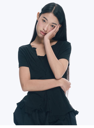 [NECY] Heart Lock Embroidered Short Sleeve Lace Hem T-Shirt