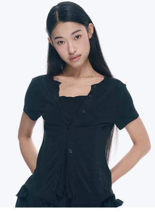 [NECY] Heart Lock Embroidered Short Sleeve Lace Hem T-Shirt