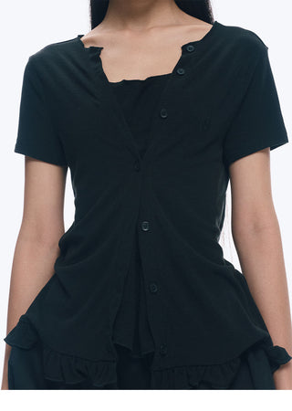 [NECY] Heart Lock Embroidered Short Sleeve Lace Hem T-Shirt