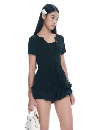 [NECY] Heart Lock Embroidered Short Sleeve Lace Hem T-Shirt