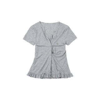 [NECY] Heart Lock Embroidered Short Sleeve Lace Hem T-Shirt