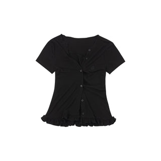 [NECY] Heart Lock Embroidered Short Sleeve Lace Hem T-Shirt