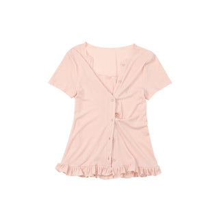 [NECY] Heart Lock Embroidered Short Sleeve Lace Hem T-Shirt