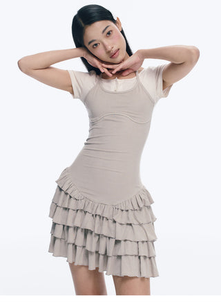[NECY] Ruffled Dress Short Sleeve Suspenders Skirt