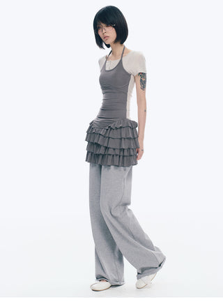 [NECY] Ruffled Dress Short Sleeve Suspenders Skirt