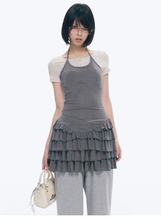 [NECY] Ruffled Dress Short Sleeve Suspenders Skirt