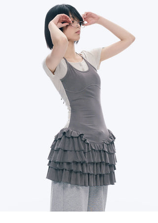 [NECY] Ruffled Dress Short Sleeve Suspenders Skirt