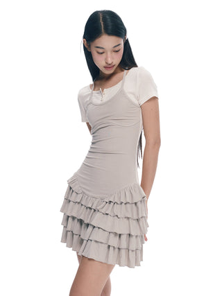 [NECY] Ruffled Dress Short Sleeve Suspenders Skirt