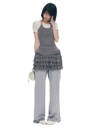 [NECY] Ruffled Dress Short Sleeve Suspenders Skirt