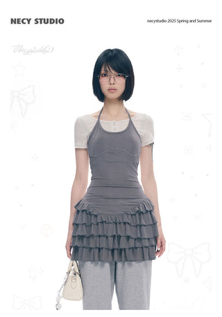 [NECY] Ruffled Dress Short Sleeve Suspenders Skirt