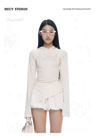 [NECY] Rhinestone Raglan Hooded Top