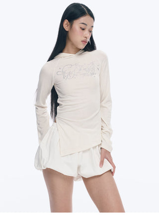 [NECY] Rhinestone Raglan Hooded Top