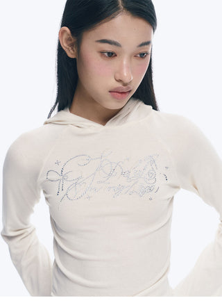 [NECY] Rhinestone Raglan Hooded Top