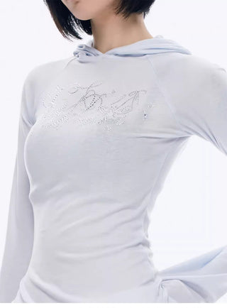 [NECY] Rhinestone Raglan Hooded Top