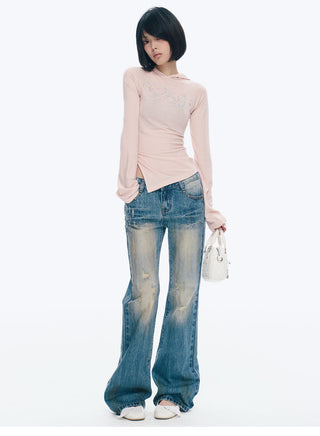 [NECY] Rhinestone Raglan Hooded Top