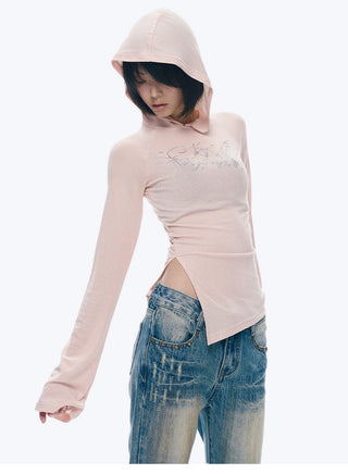 [NECY] Rhinestone Raglan Hooded Top