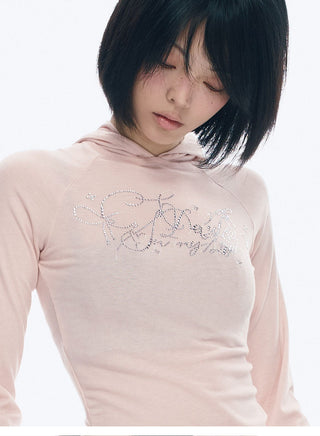 [NECY] Rhinestone Raglan Hooded Top