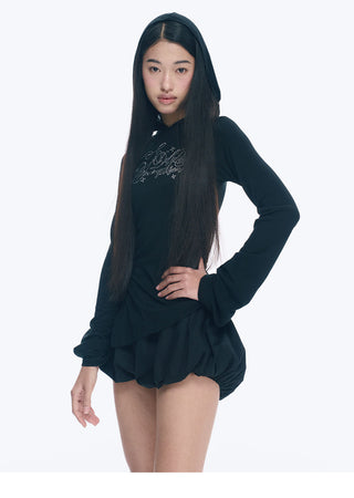 [NECY] Rhinestone Raglan Hooded Top