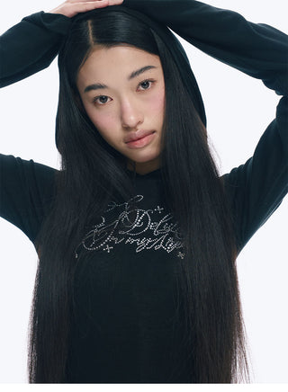 [NECY] Rhinestone Raglan Hooded Top