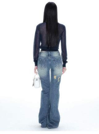 [NECY] Heart Lock Embroidered Knitwear Cardigan Top