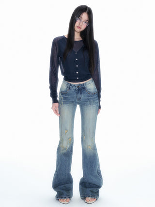 [NECY] Heart Lock Embroidered Knitwear Cardigan Top