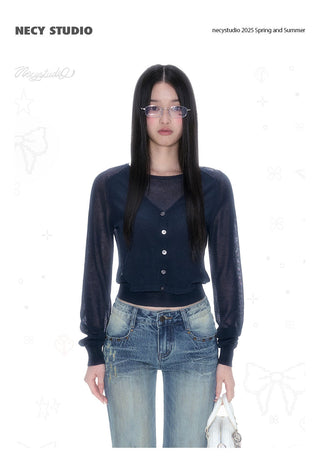 [NECY] Heart Lock Embroidered Knitwear Cardigan Top
