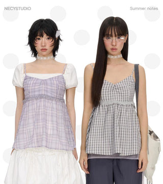 [NECY] plaid chiffon vest