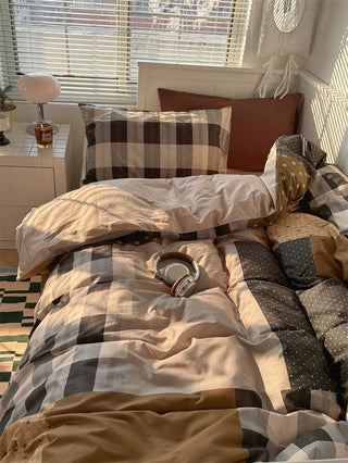 Preppy Brown Patchwork Cotton Bedding Set