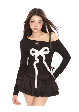 Bowknot acubi off-shoulder long-sleeved Top