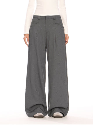 Flower pattern embossd wide-leg trousers