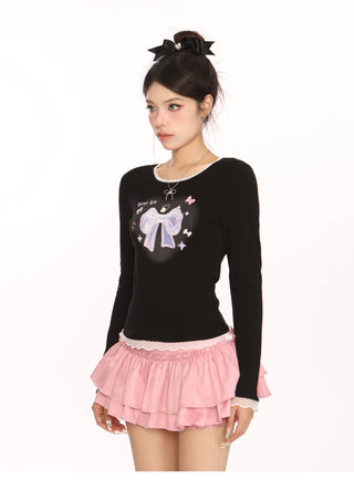 Bow lace stitching slim Acubi top