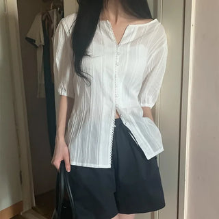 Lace back ribbon button short-sleeved blouse