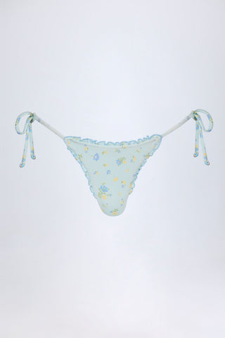 Side-Tie Thong Bikini Bottoms in Blue Floral