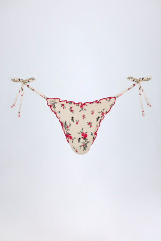 Side-Tie Thong Bikini Bottoms in Red Floral
