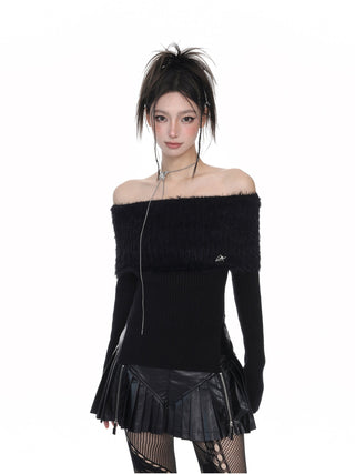 Black mink long-sleeved knitted sweater