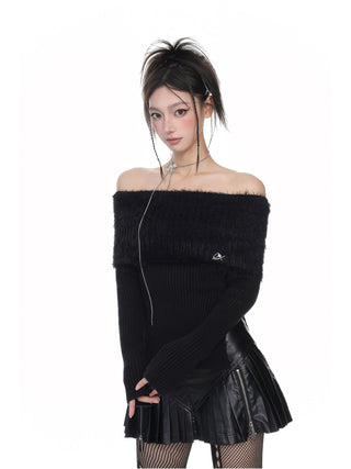 Black mink long-sleeved knitted sweater