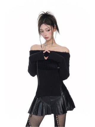 Black mink long-sleeved knitted sweater