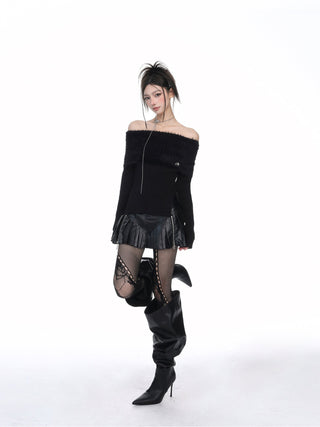 Black mink long-sleeved knitted sweater
