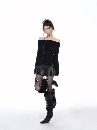 Black mink long-sleeved knitted sweater