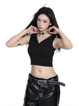 Black polo collar silk knitted top