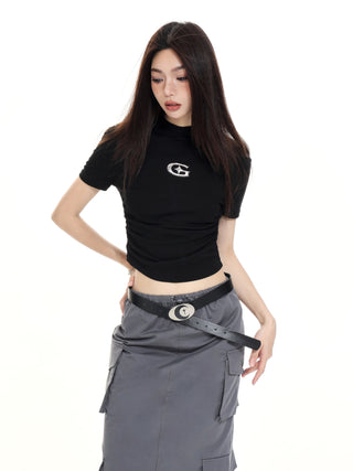 Straight shoulder short-sleeved crop T-shirt