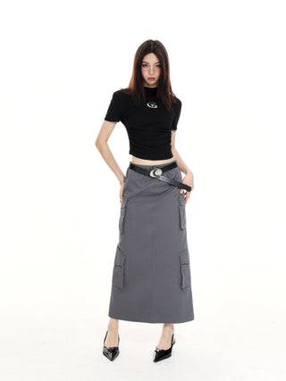 Straight shoulder short-sleeved crop T-shirt