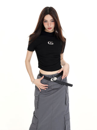 Straight shoulder short-sleeved crop T-shirt