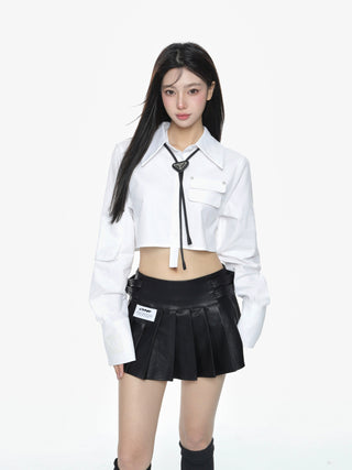 Lapel long-sleeved cropped shirt